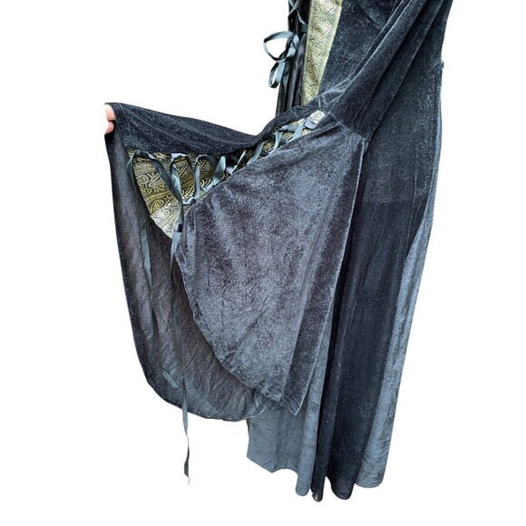 Medieval Renaissance Hooded Gown Black Velour Gold Trim Lace Up Bodice Size M - Picture 10 of 13